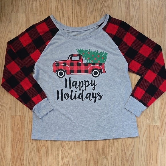 Tops - Plaid Sleeve Happy Holidays Kids Shirt